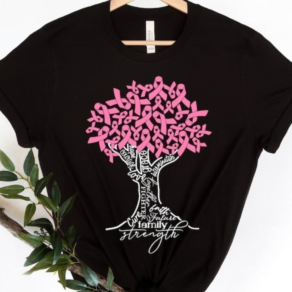 Cancer Tree Breast Cancer Fighter Awareness Support Pink Ribbon Graphic T-Shirt